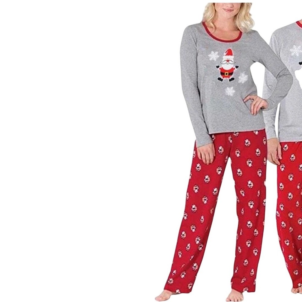 Women's Christmas Santa Claus Pajama Set Small Snowflakes Gray Red Sleepwear
